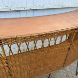 Vintage 1950s bar counter with two rattan and metal stools