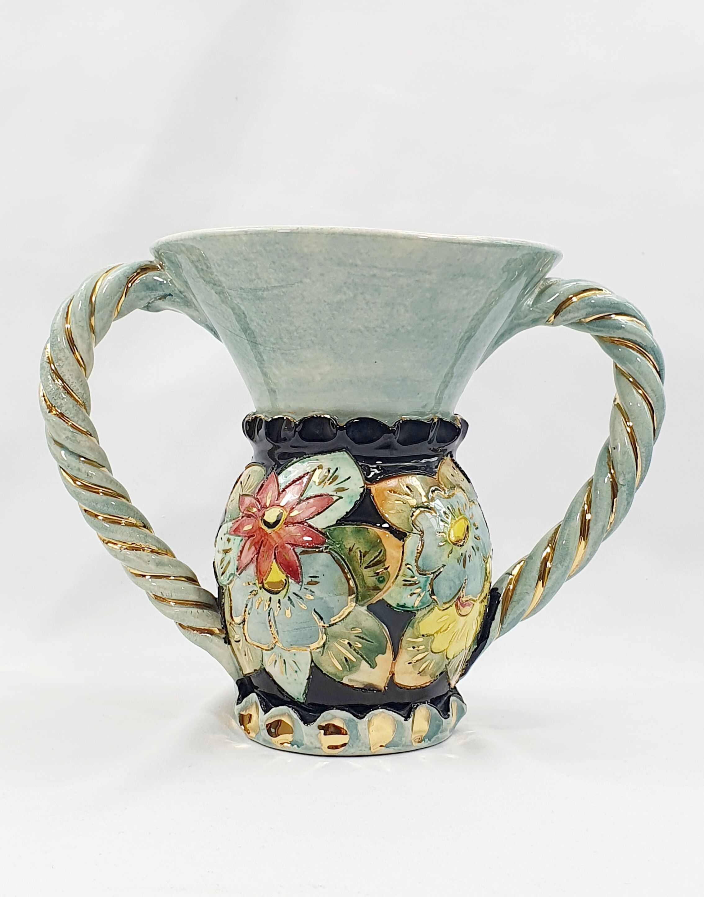 Vase Vallauris années 50 polychrome anses torsadées doré or fin