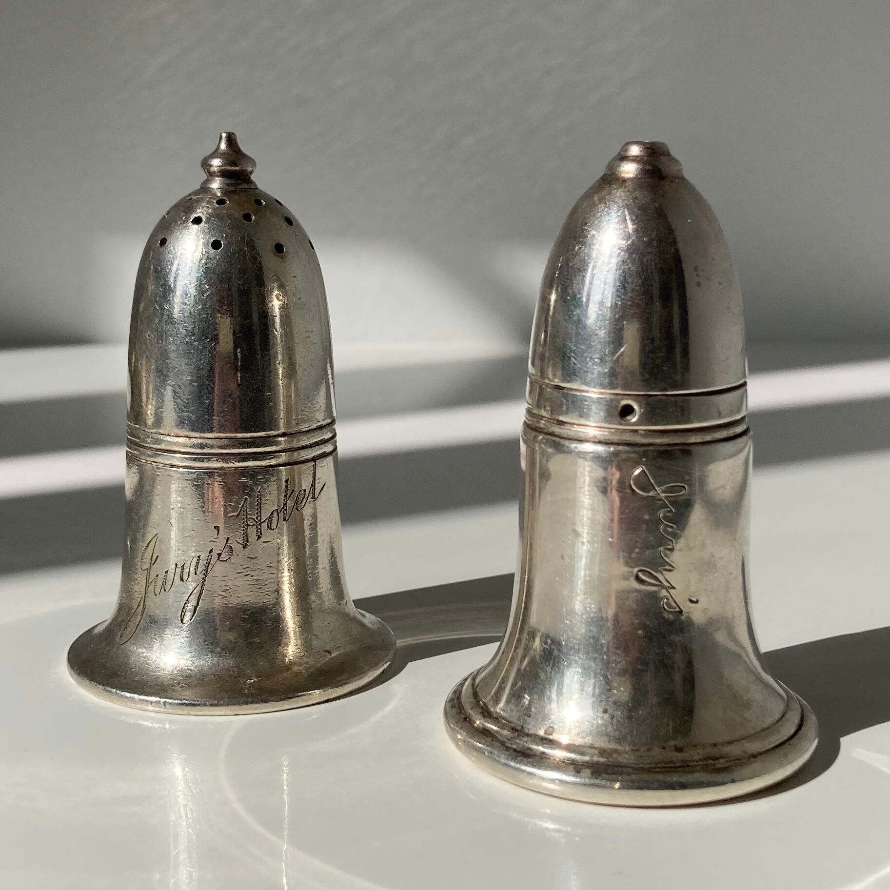 English silver-plated salt and pepper shakers by Broderick Bros Ltd for the Jury’s Hotel in Dublin