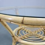 1960s Italian rattan round table with glass top