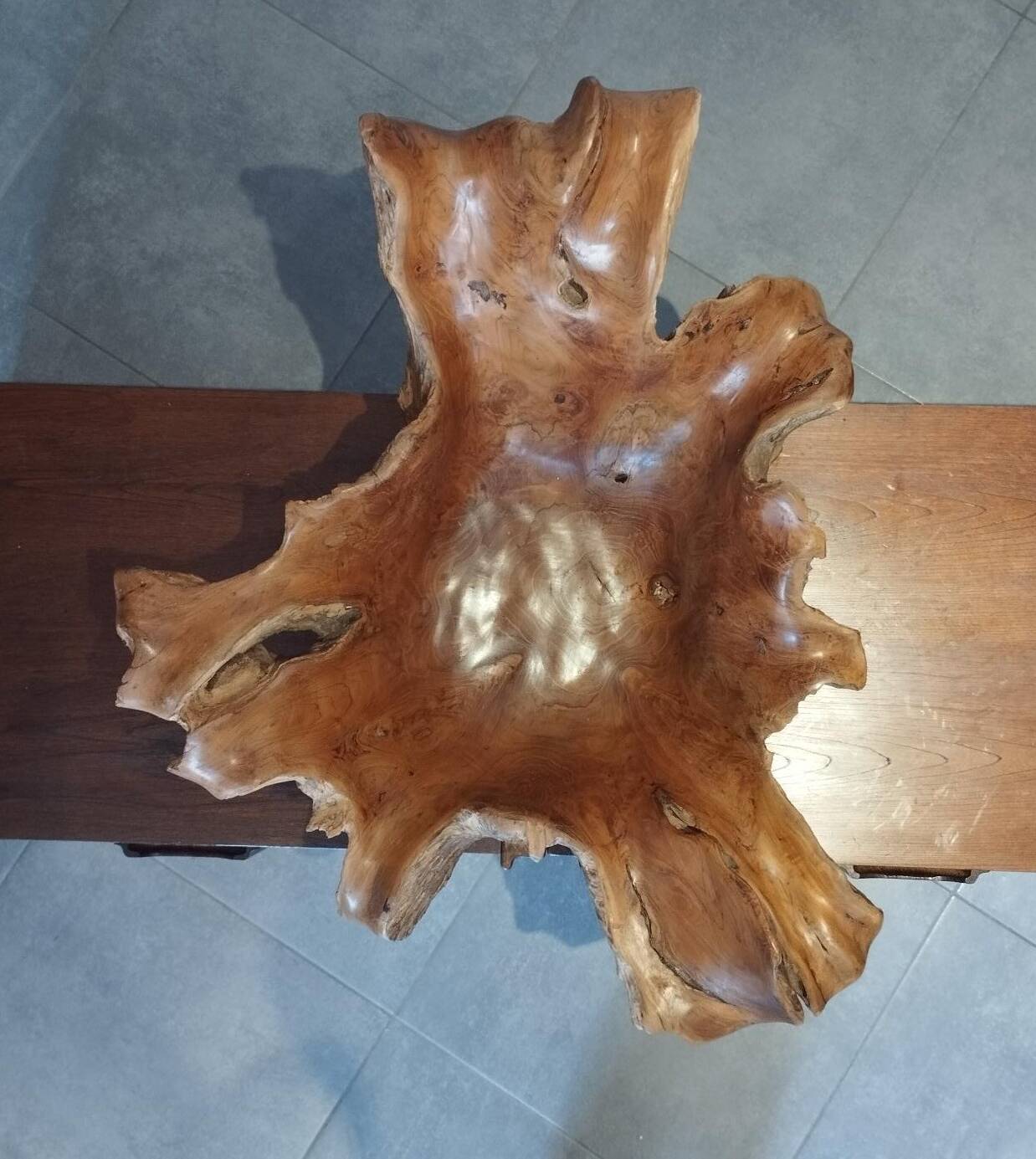 Sculptural wooden centrepiece, organic bowl, brutalist.