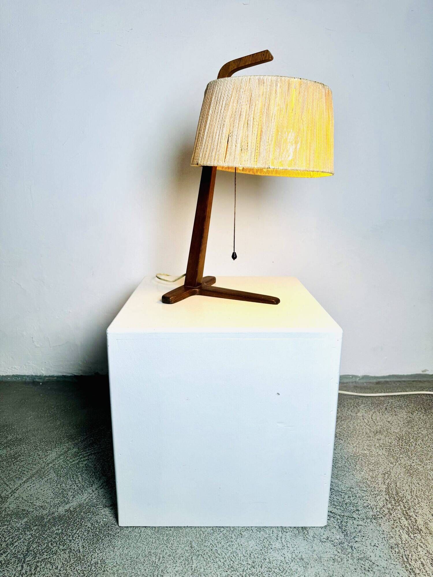 Hemp String & Teak Wood Table Lamp By Ib Fabiansen For Fog & Mørup, Denmark 1950S