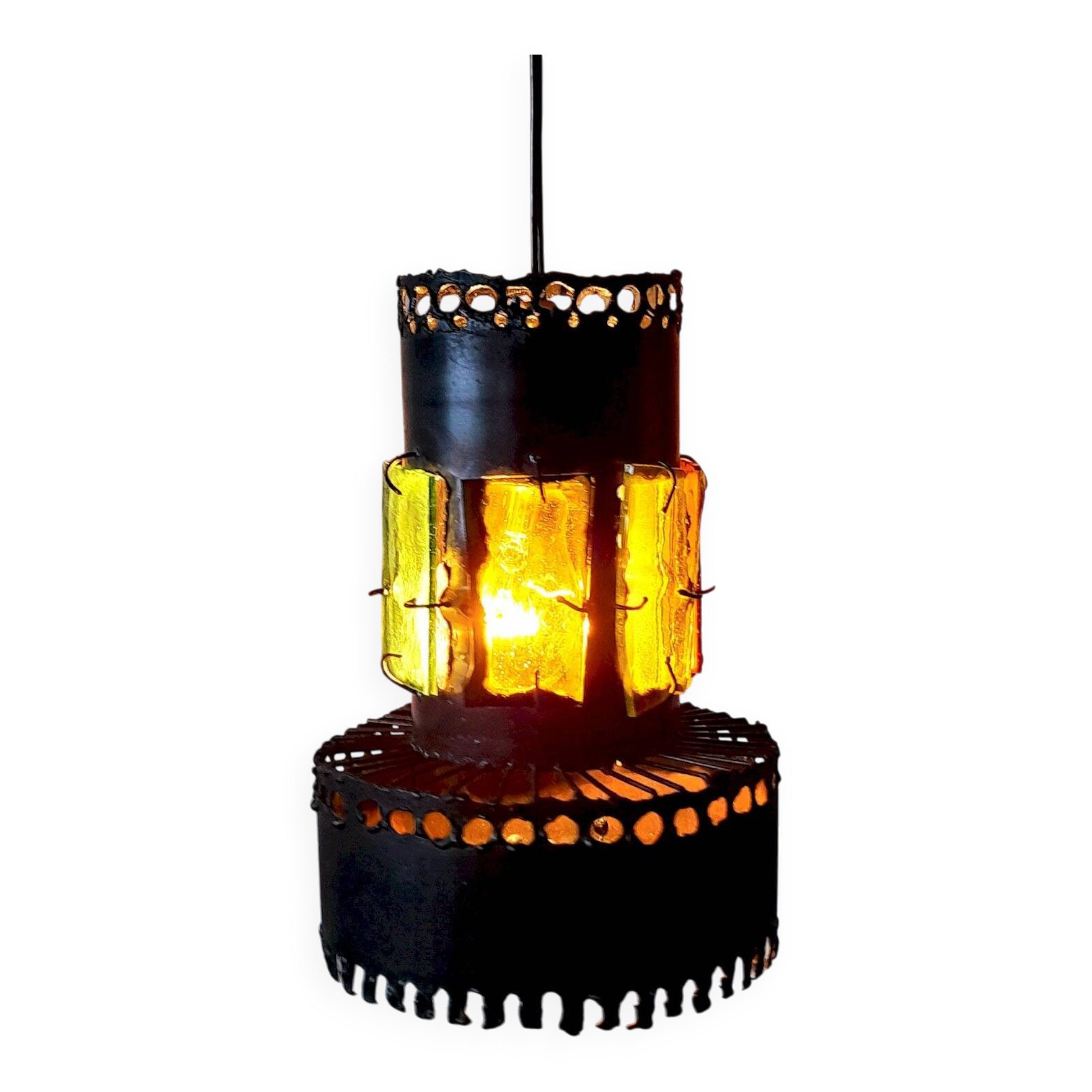 Brutalist suspension light 1960 industrial metal/glass