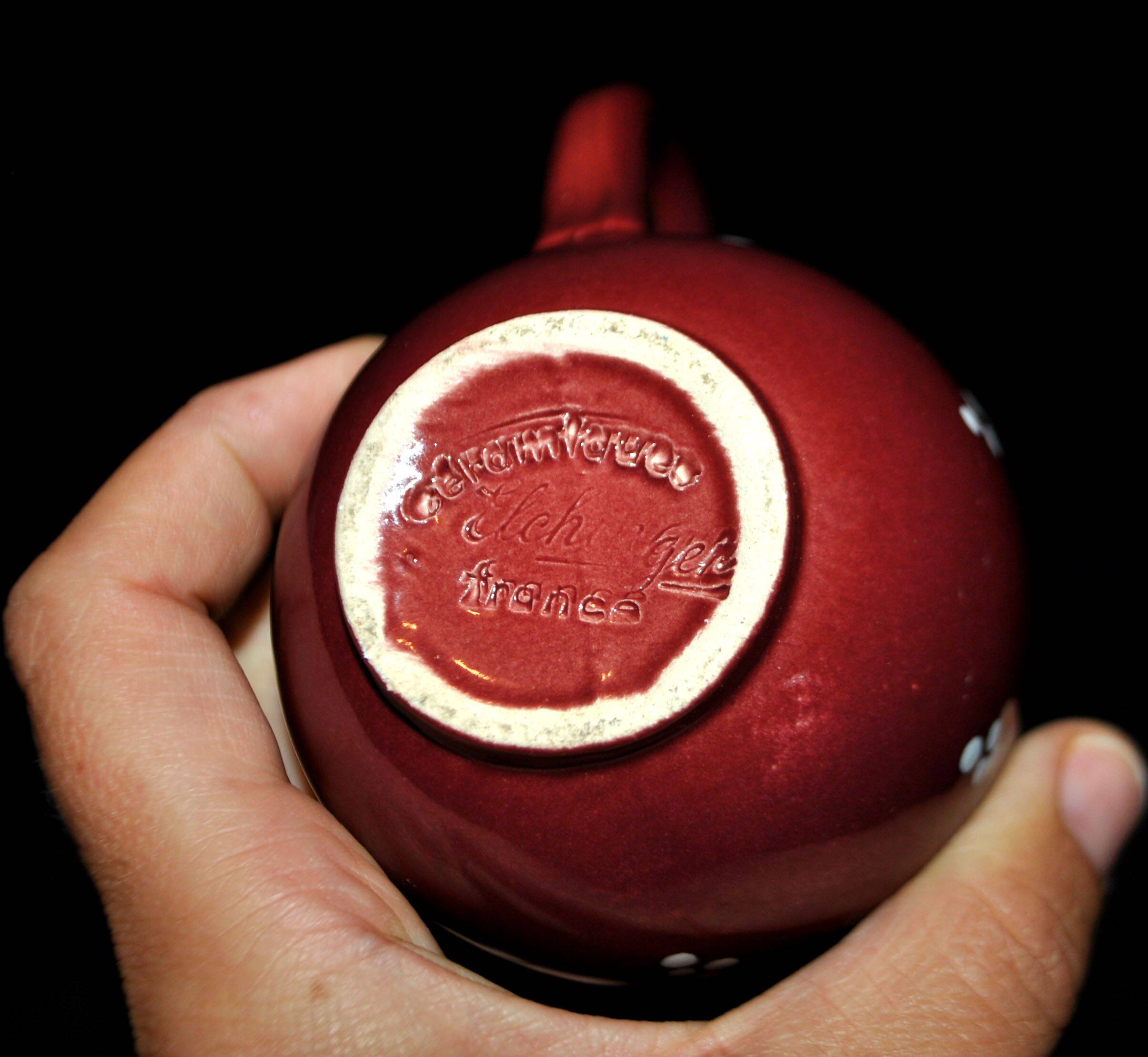 Vintage Elchinger pitcher in glazed ceramic with red polka dots