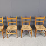 Mid-century oak and wicker dining chairs, set of 4 - 1970s