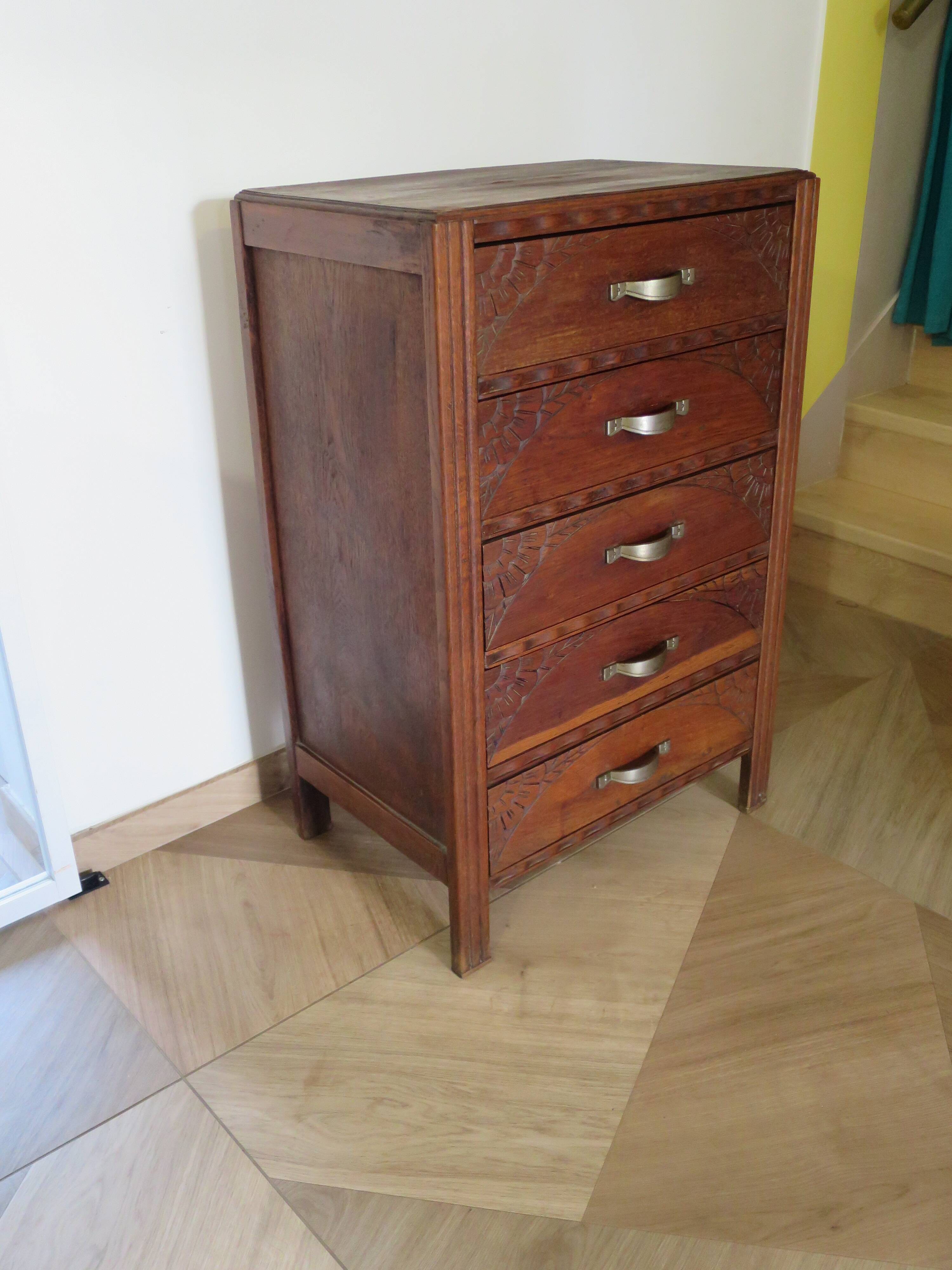 Art Deco Chest of Drawers - 5 drawers - 1950s - Carved wood - Pattern