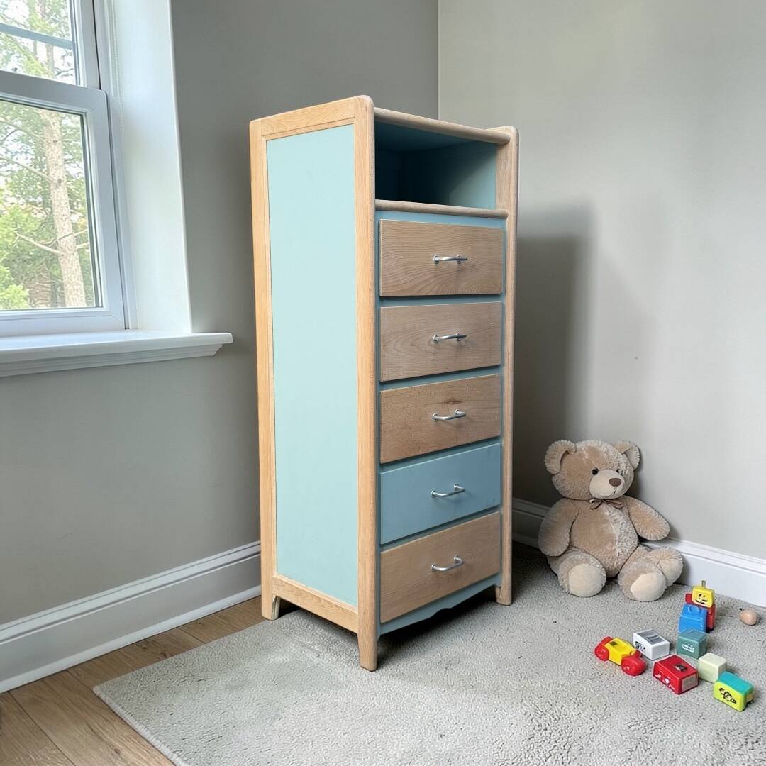 Vintage tall chest of drawers in raw wood and grey-blue from the 1950s.