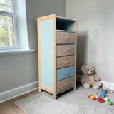 Vintage tall chest of drawers in raw wood and grey-blue from the 1950s.