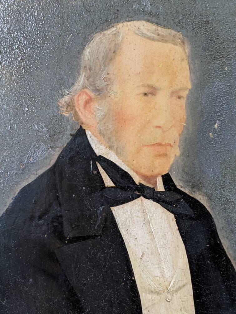 Oil on panel, old portrait, gilded wooden frame, country decoration