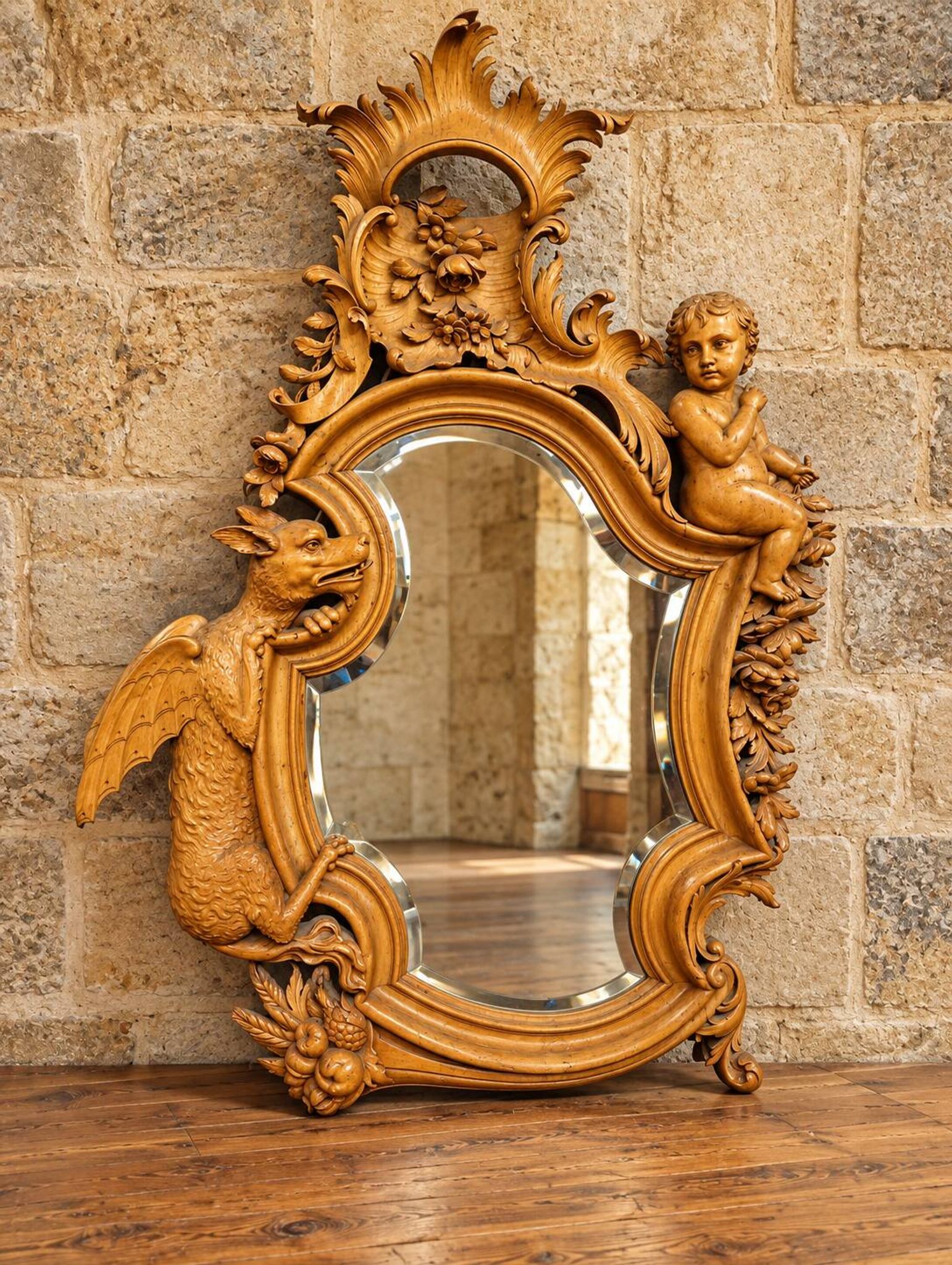 carved mirror in the spirit of Viardot – Decor with dragon and putto