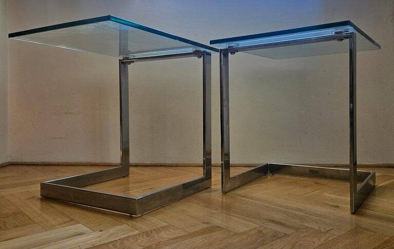 Pair of Midcentury Cantilevered Glass & Chrome Coffee Tables GEBRA, 1980s