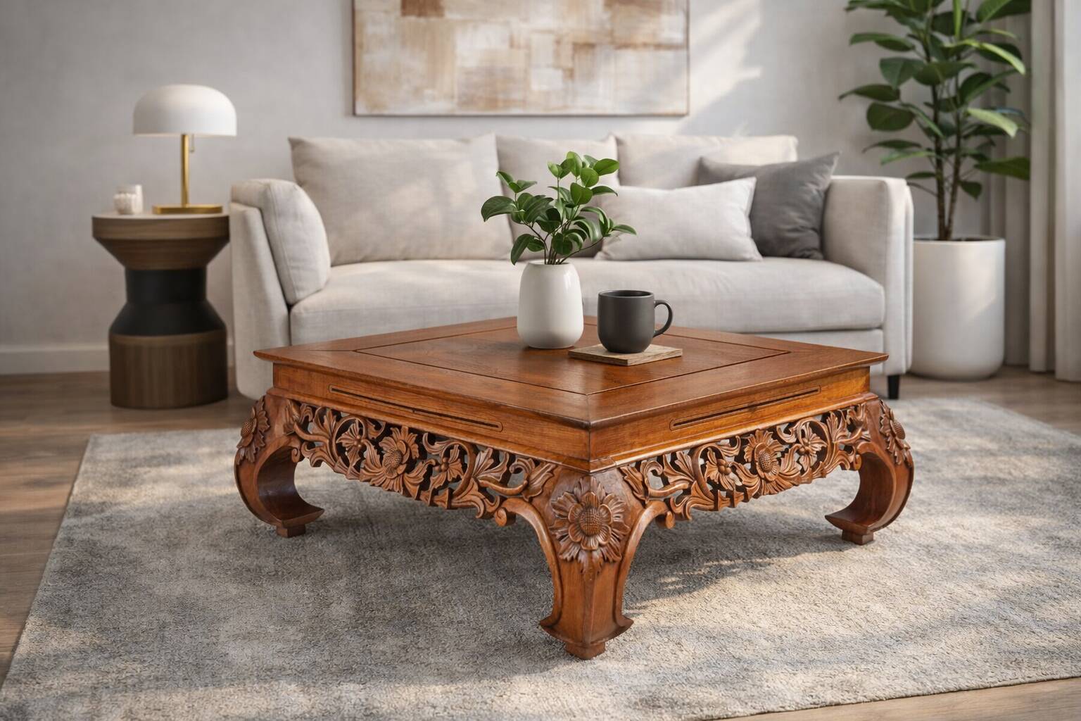 Vintage Richly Decorated Oak Coffee Table, 1950s