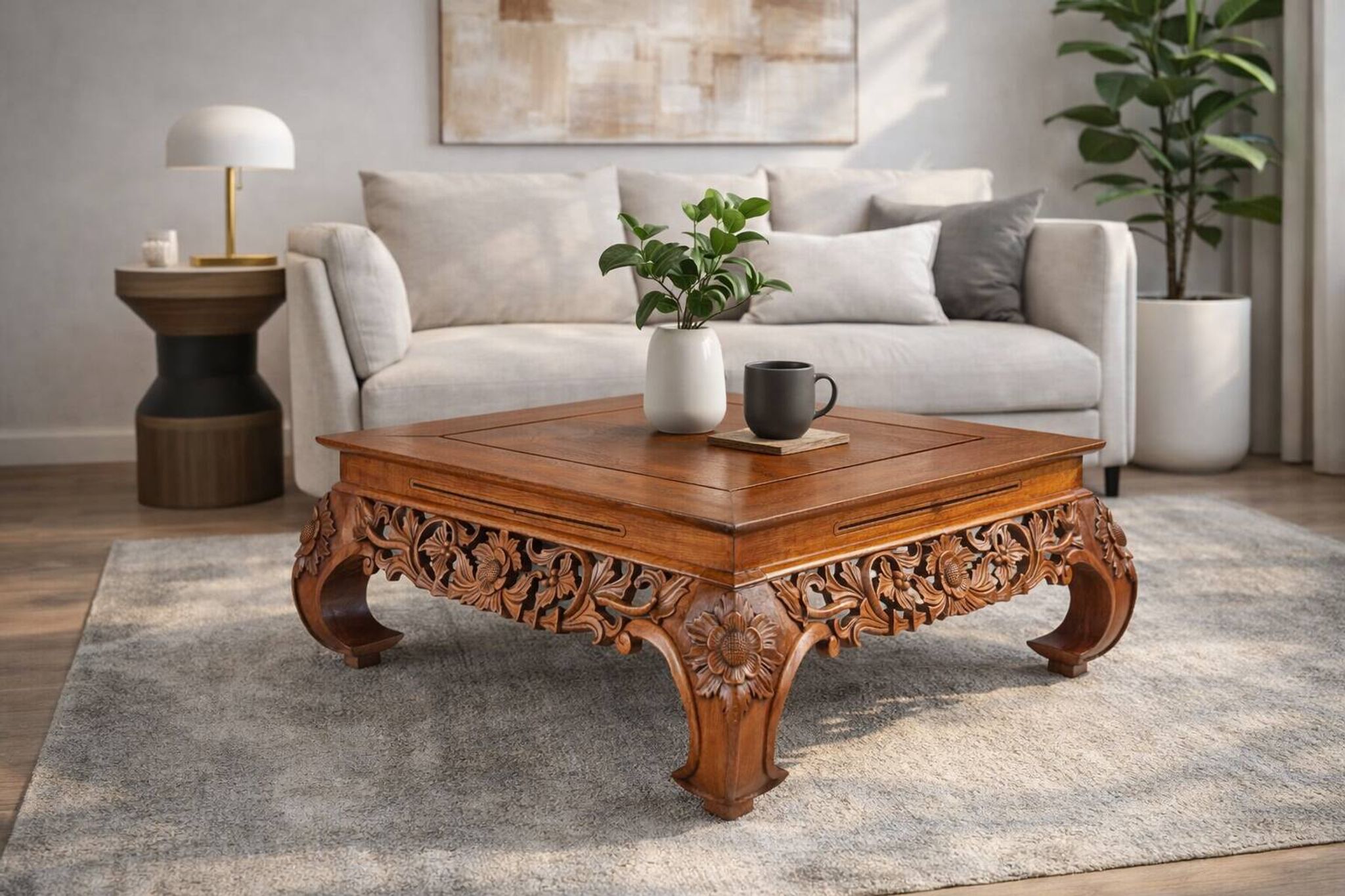 Table basse en chêne richement décorée, années 1950