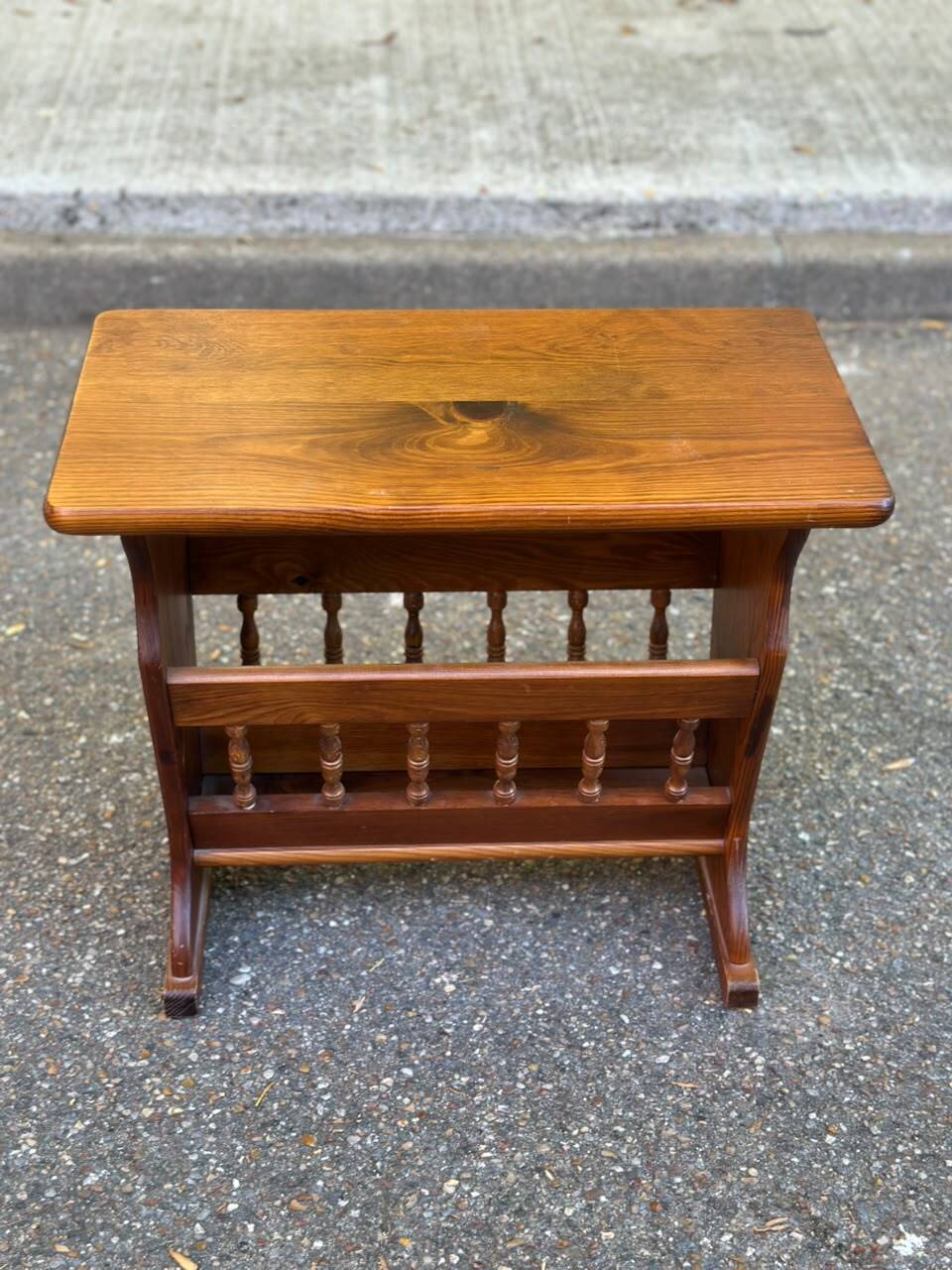 Vintage solid wood magazine rack side table — End table