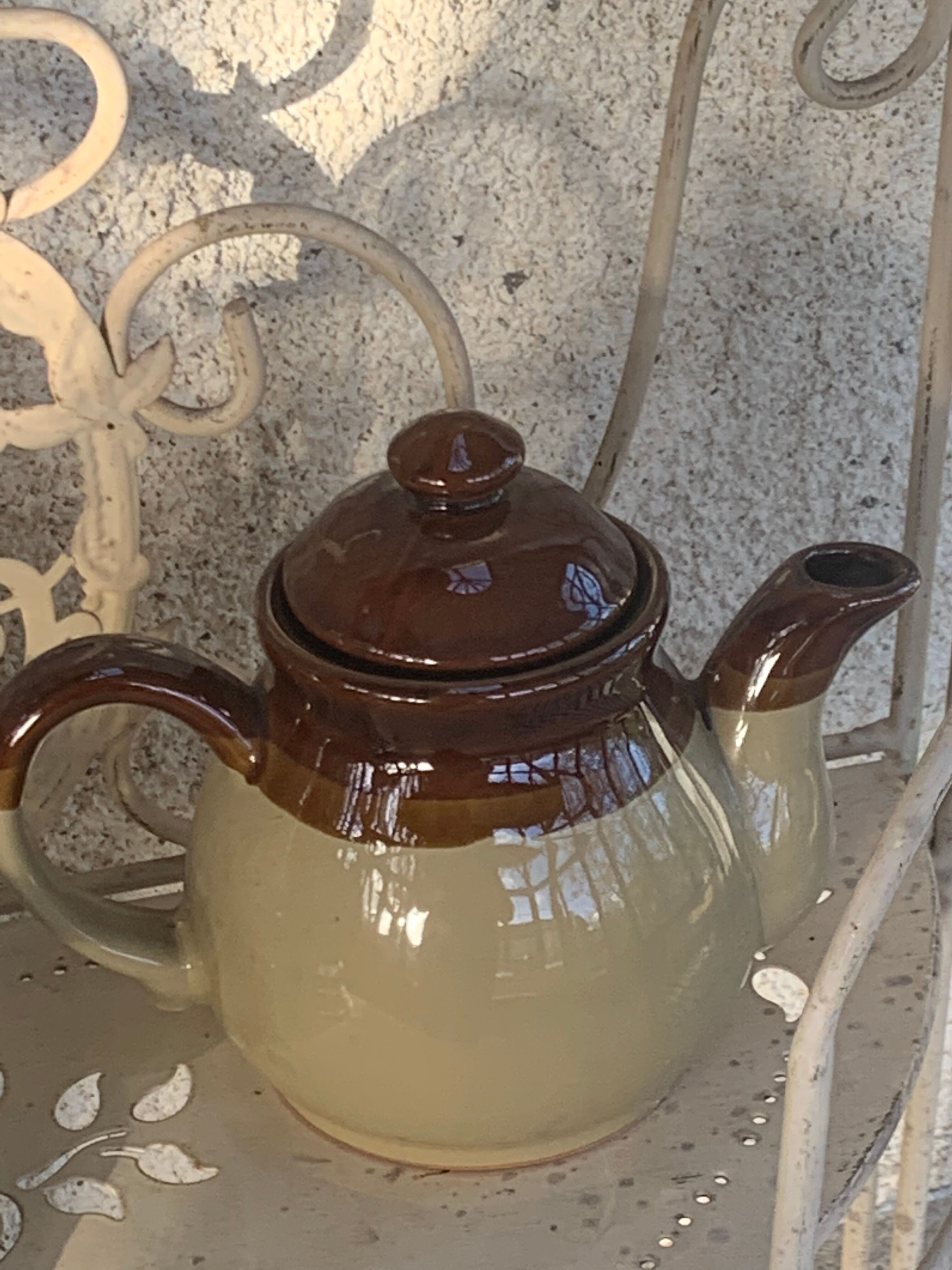 Two-tone stoneware teapot vintage floral pattern