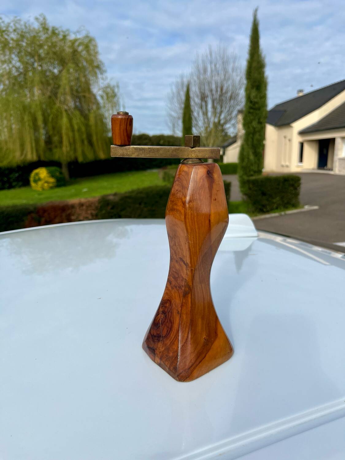 Old vintage pepper mill olive wood and brass