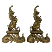 Pair of Antique Art Nouveau Brass Griffin Andirons