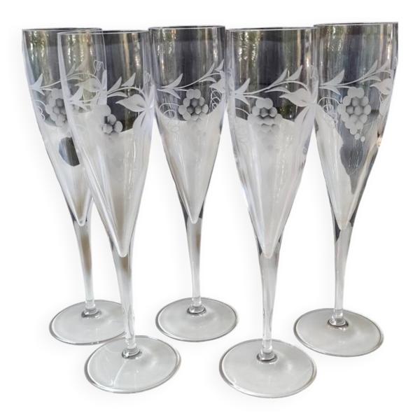 Lot 5 Grandes Flûtes Champagne en cristal Motifs Sarments Vigne 23,5cm