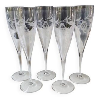 Lot 5 Grandes Flûtes Champagne en cristal Motifs Sarments Vigne 23,5cm
