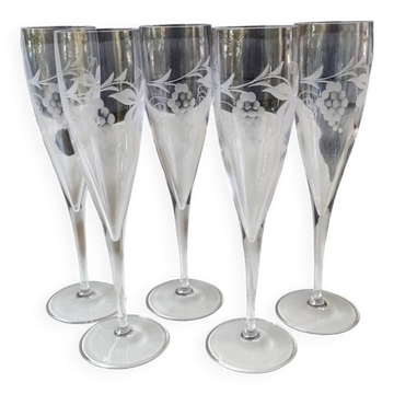 Set of 5 Large Crystal Champagne Flutes with Vine Branch Motifs 23.5cm