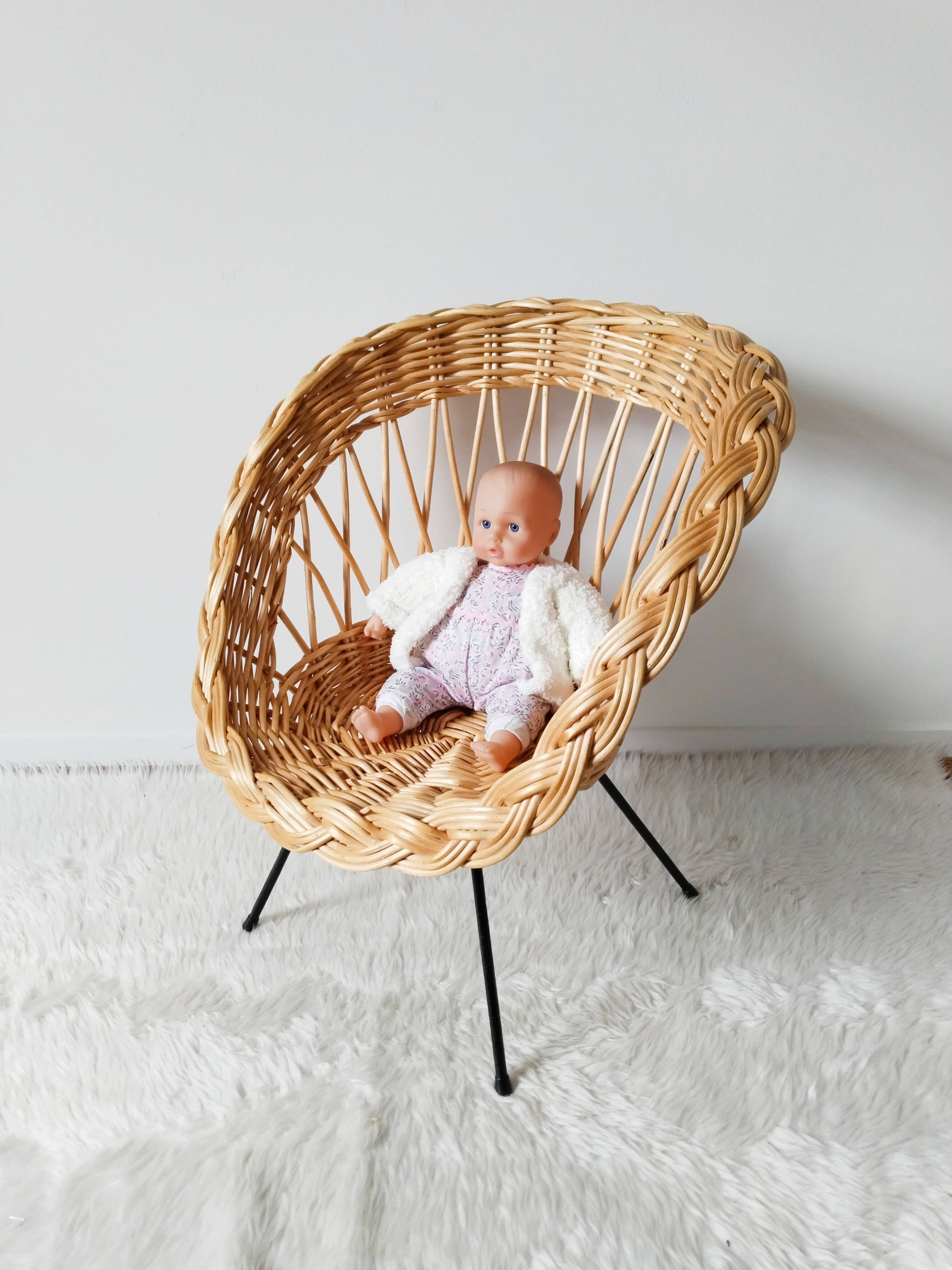 Children's rattan basket armchair, metal compass legs
