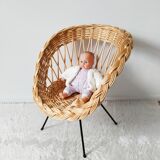 Children's rattan basket armchair, metal compass legs