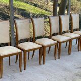 6 Italian Scandinavian style dining chairs from the 1950s in wood and leather.