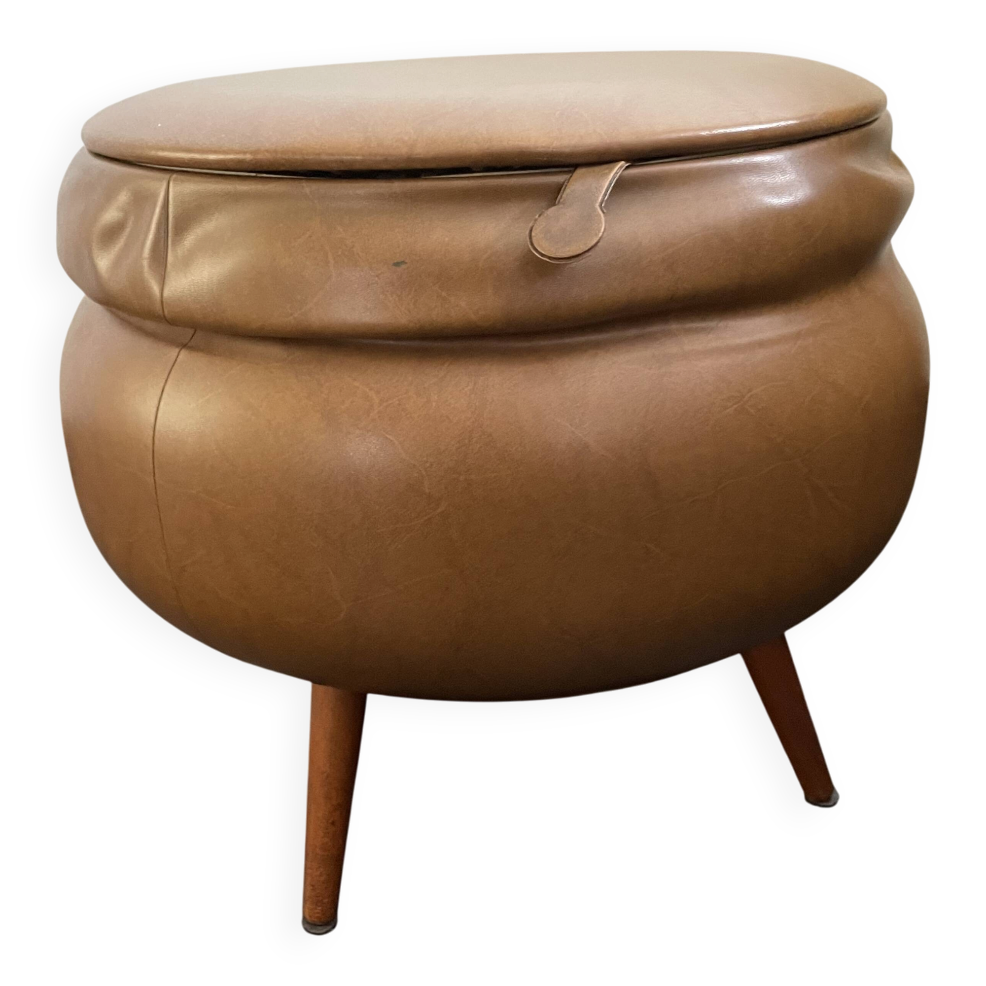 Light brown leather pouf with storage