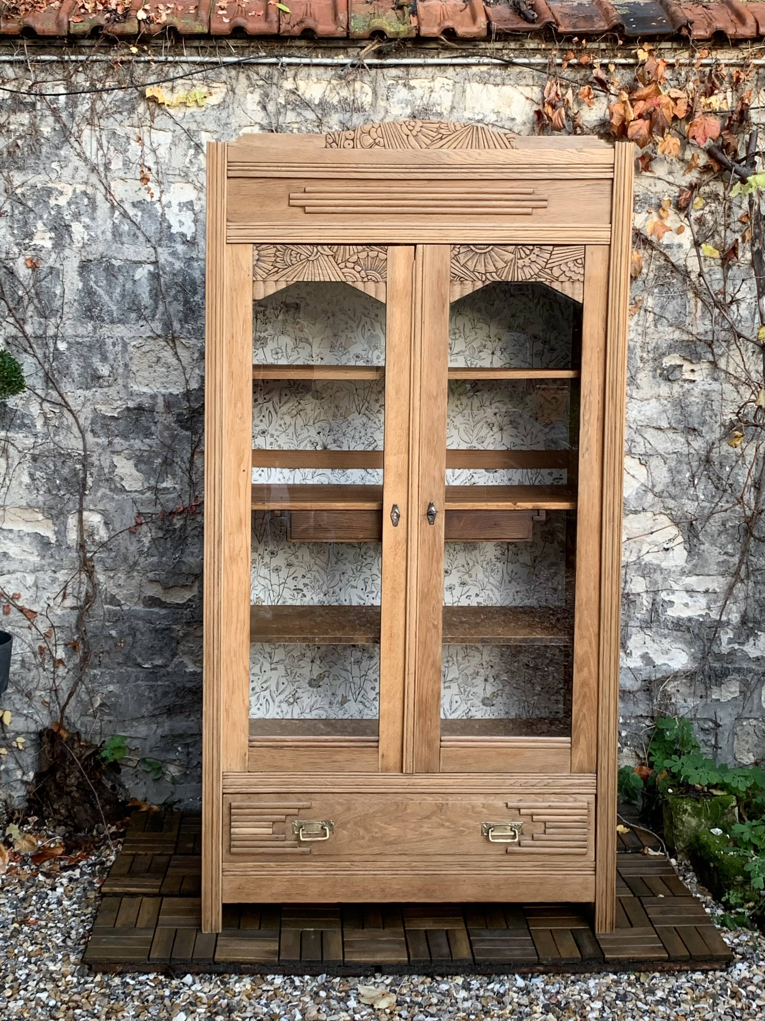 Parisian art deco glass cabinet in raw wood