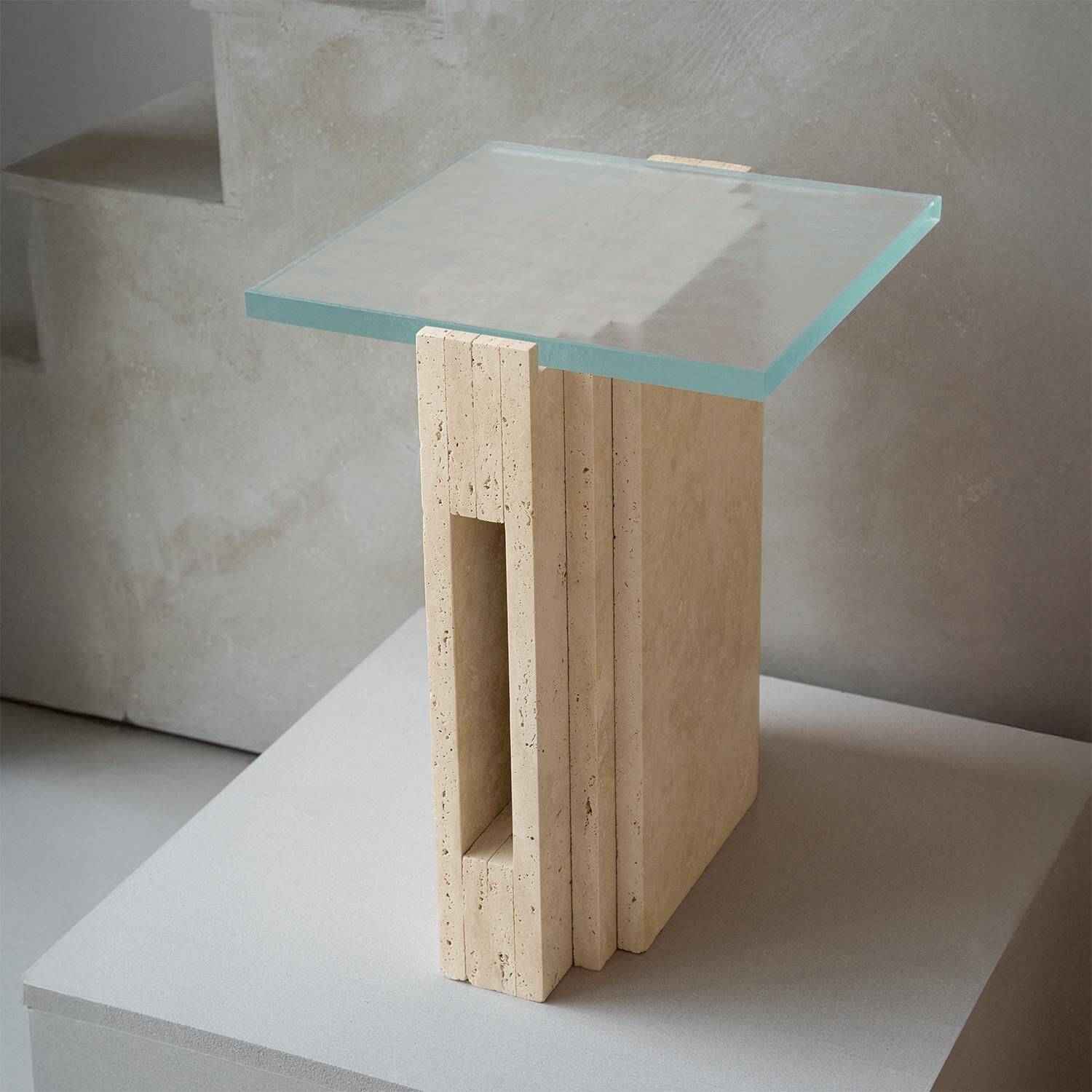 Travertine - Glass side table "LLOYD"