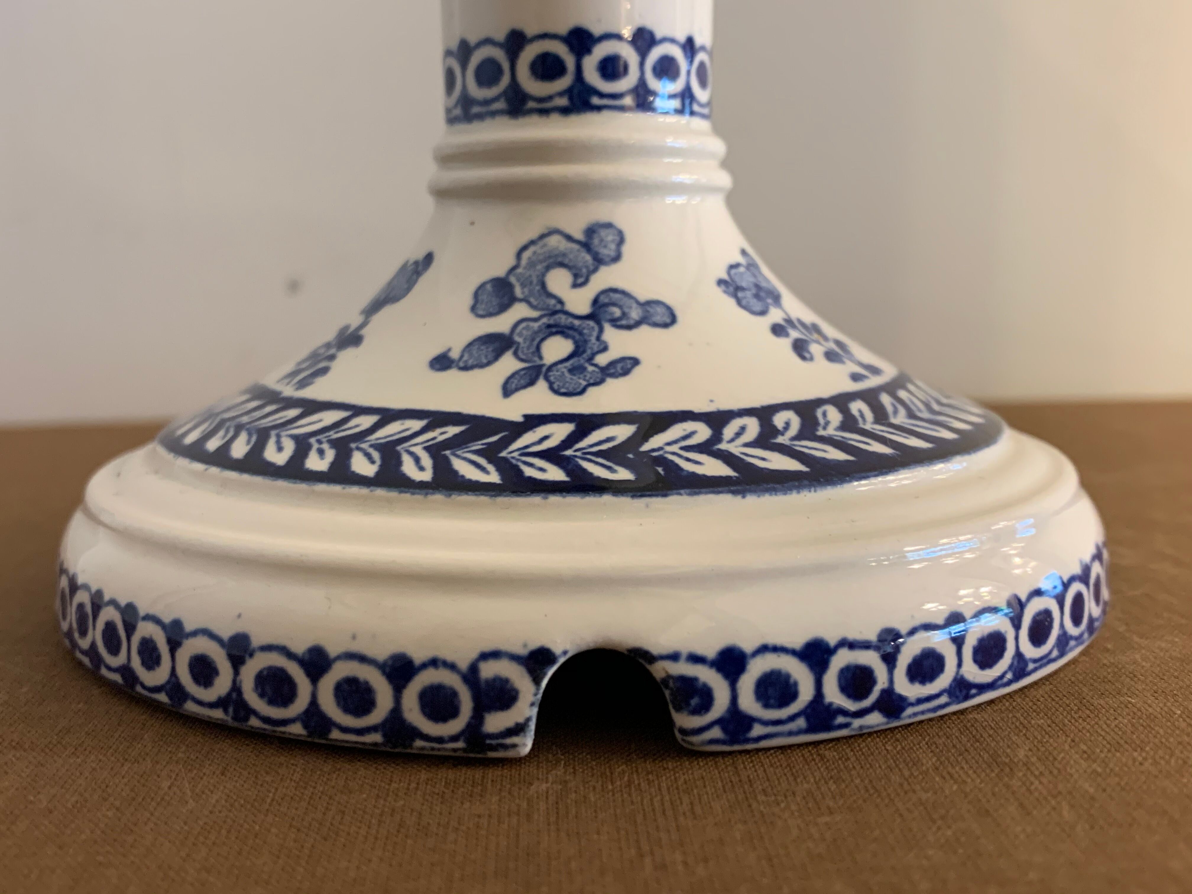 Pair of old candlesticks in blue and white earthenware Gien 1950