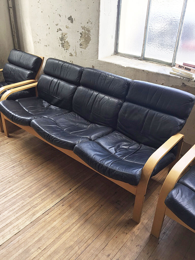 Danish sofa and armchairs curved wood and leather