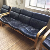 Danish sofa and armchairs curved wood and leather