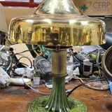 Varnished cast iron lamp and hammered brass lampshade 1920 art deco 32x23