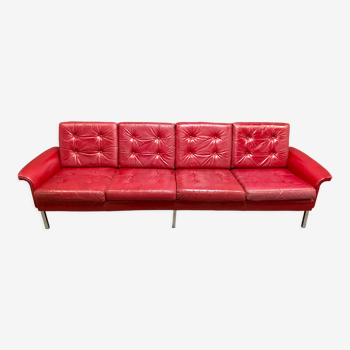 Red leather sofa 4 places design 1950