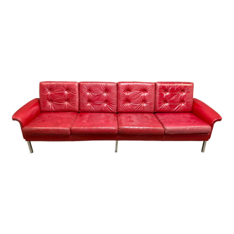 Red leather sofa 4 places design 1950