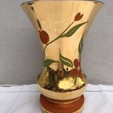 Vase verrerie d’art beaulieu verre peint doré avec décor fleurs vintage