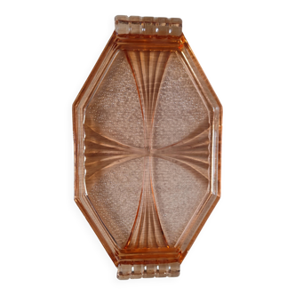 Octagonal Art Deco plateau in antique pink glass