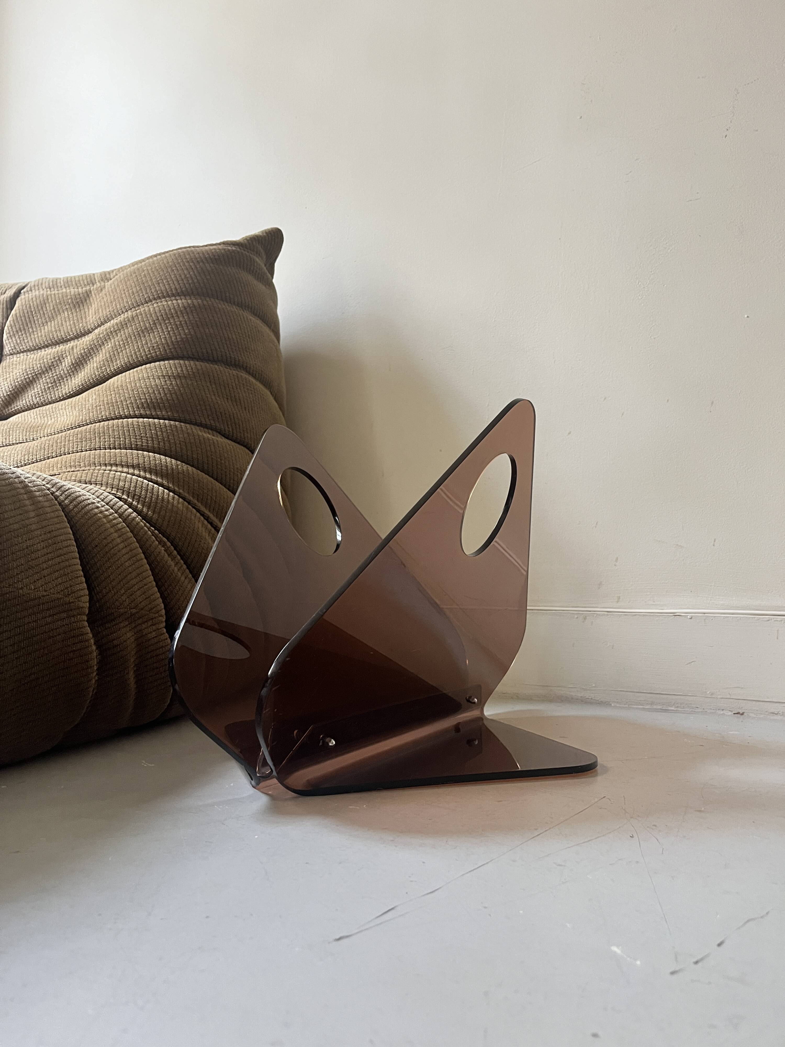 magazine holder in smoked plexiglass, design 1970