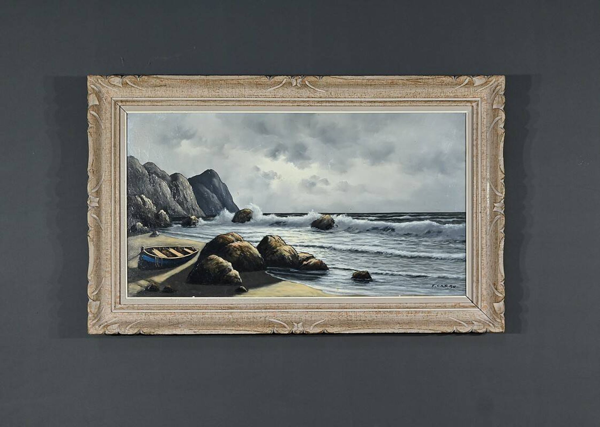 Large Oil on Marine Canvas signed F. Carbu – 20th
