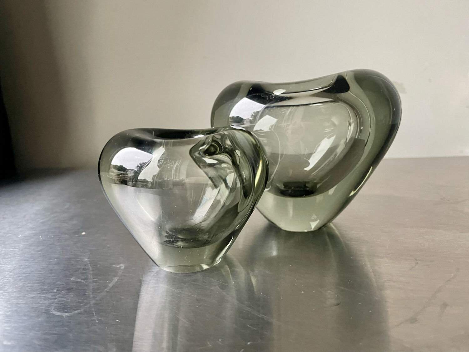 Set of 2 heart shaped Holmegaard crystal vases by Per Lutken