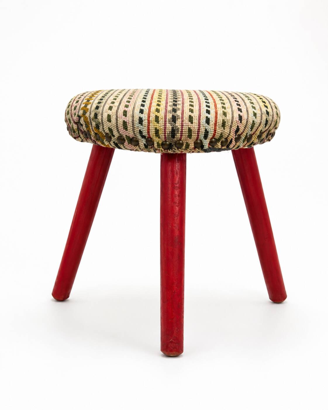 Vintage Tripod Stool Kilim Red Oval Footrest 35cm Firm