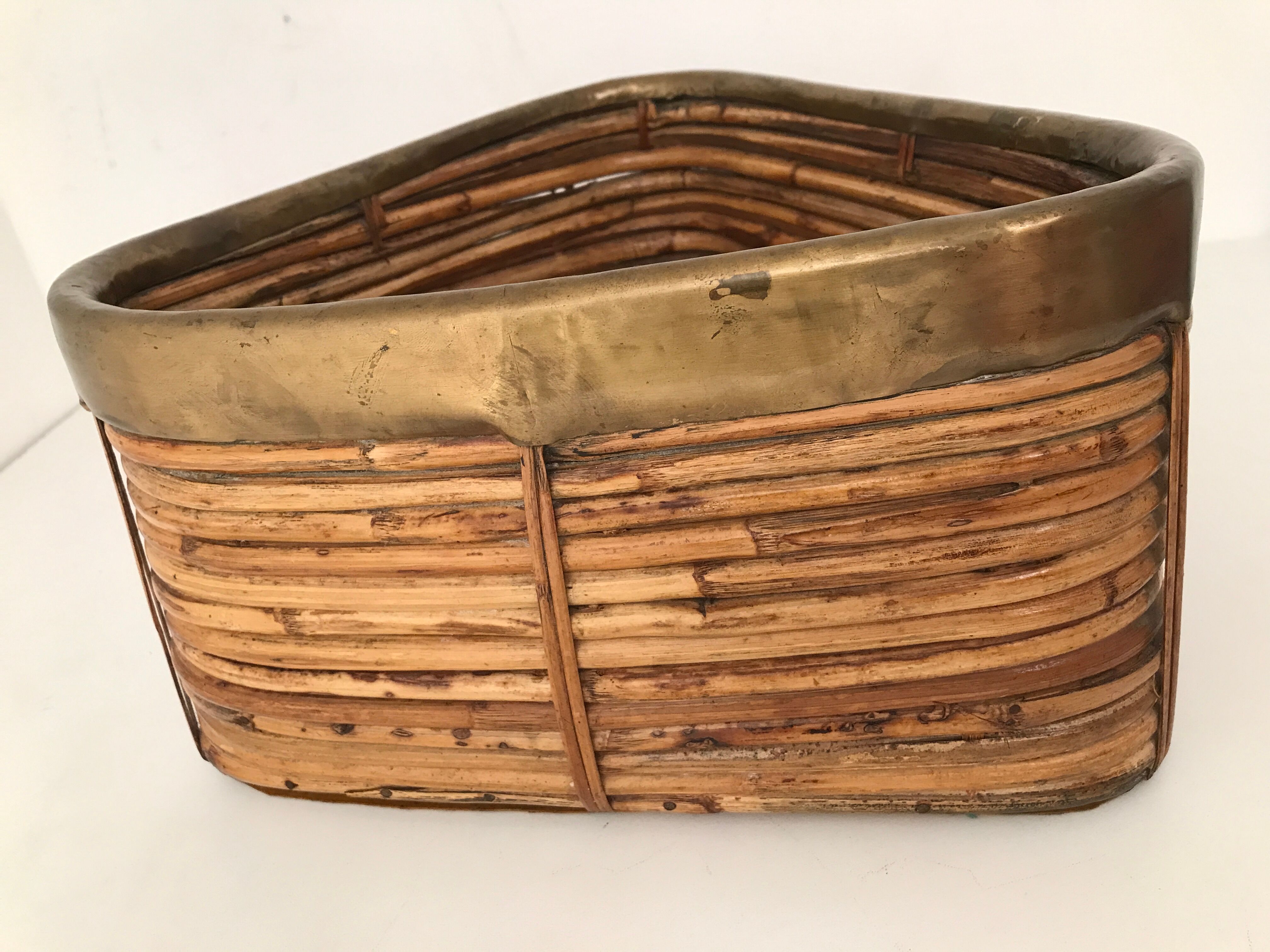 Vintage rattan basket with brass edge 1970
