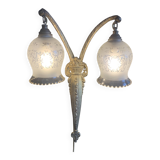 Art Deco double wall light in brass and glass tulips 1930