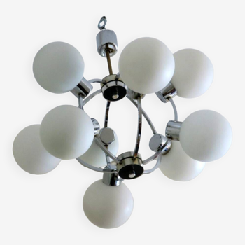Mid century chandelier with 9 radiating milk glass globes, 1970s