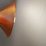 Copper hanging lamp with brass colored top and white inside lacquer.