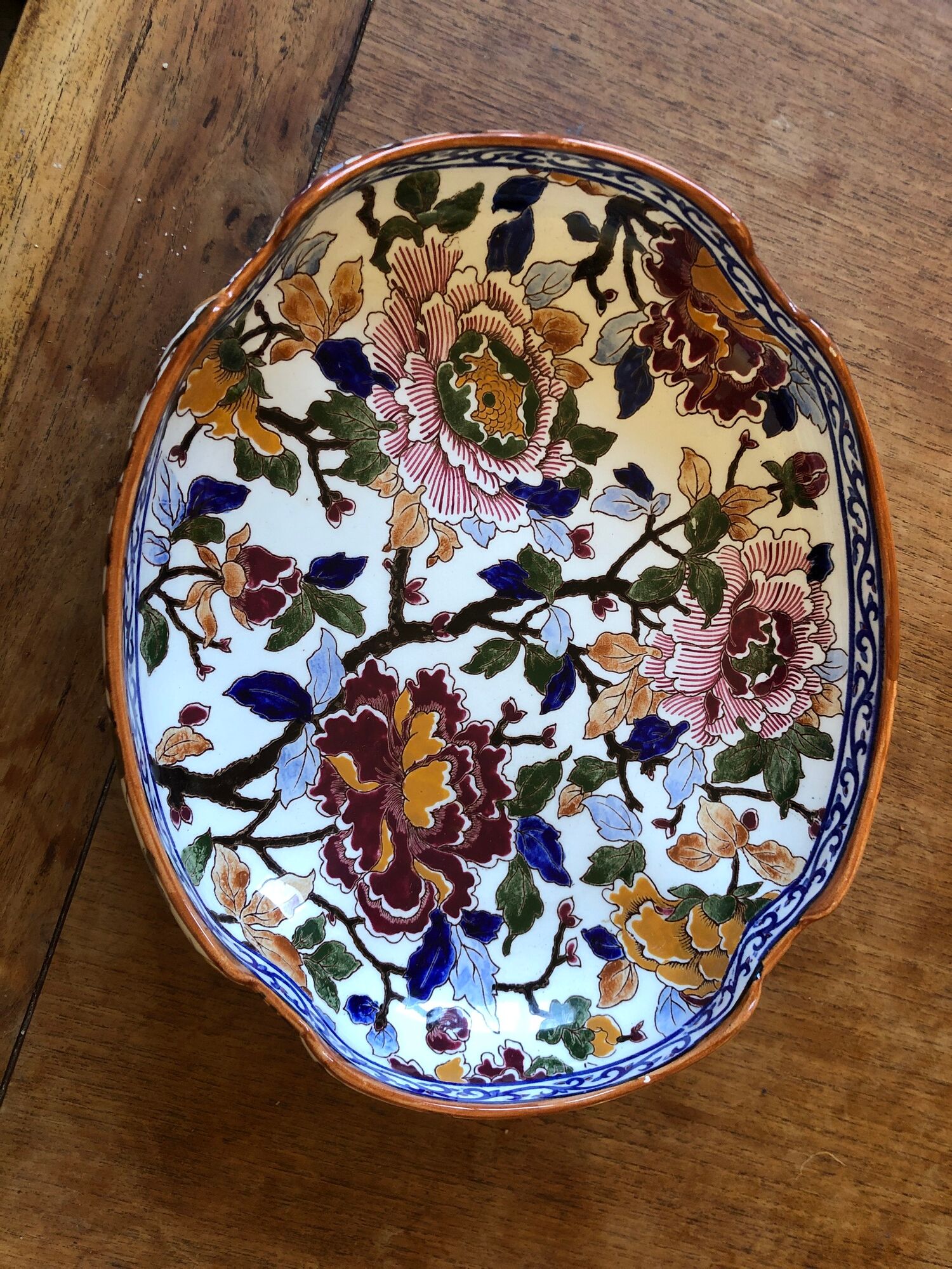 Ceramic hollow dish gien France decoration flowers peony hand painted