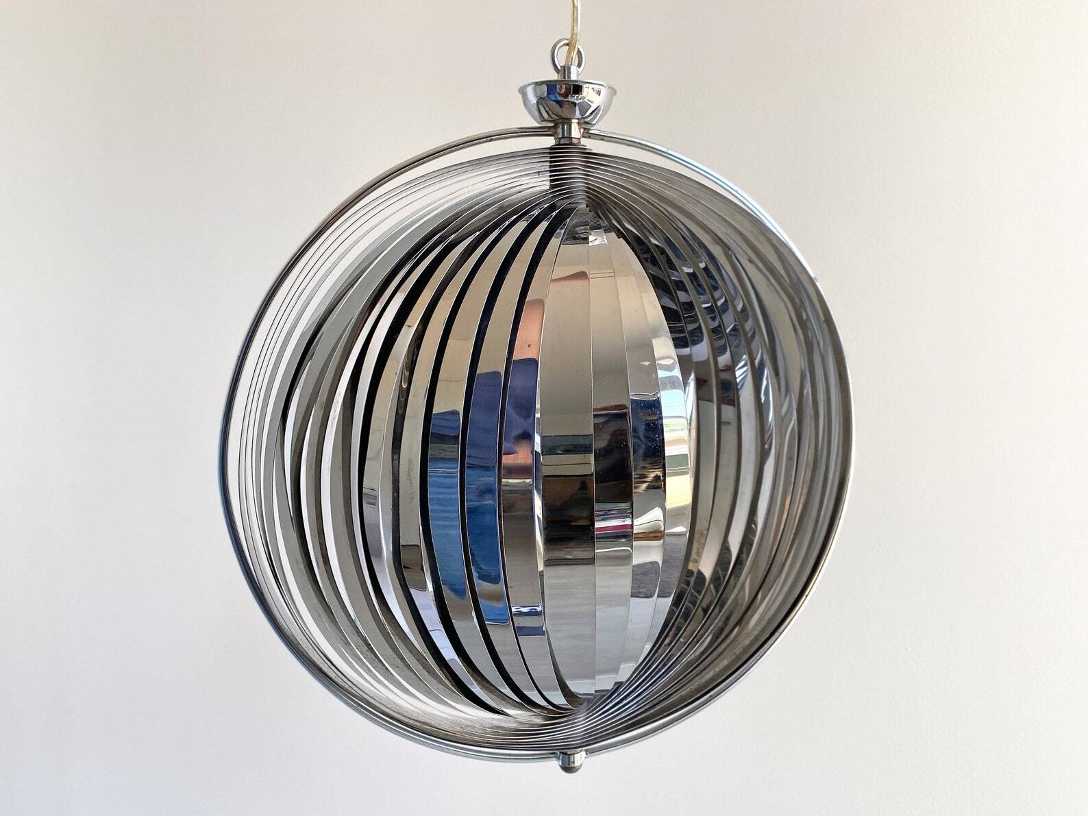 Space Age chrome aluminium moon hanging lamp,  slat lamp