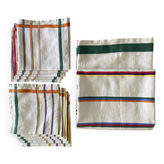 Basque style tablecloth and 12 napkins - 220x146 cm - linen/cotton blend
