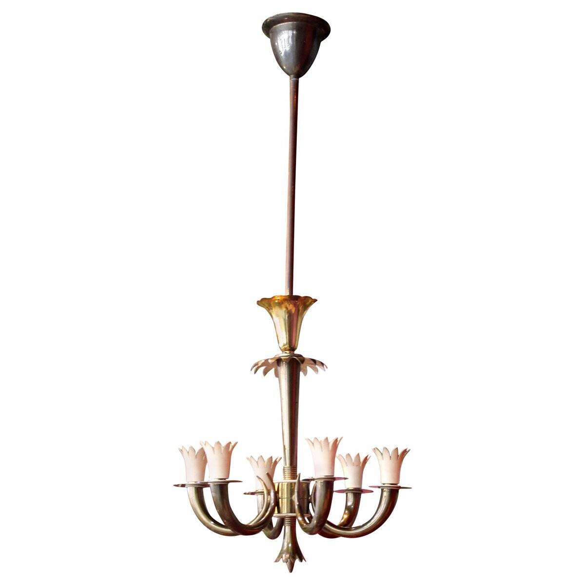 Art Deco Italian Brass 6-Lights Chandelier attributed to Gio Ponti for Lanci, 1930s